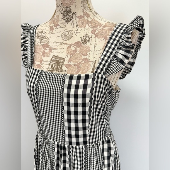CROSBY by Mollie Burch Black and White Gingham ruffle strap midi dress size S - Picture 5 of 16